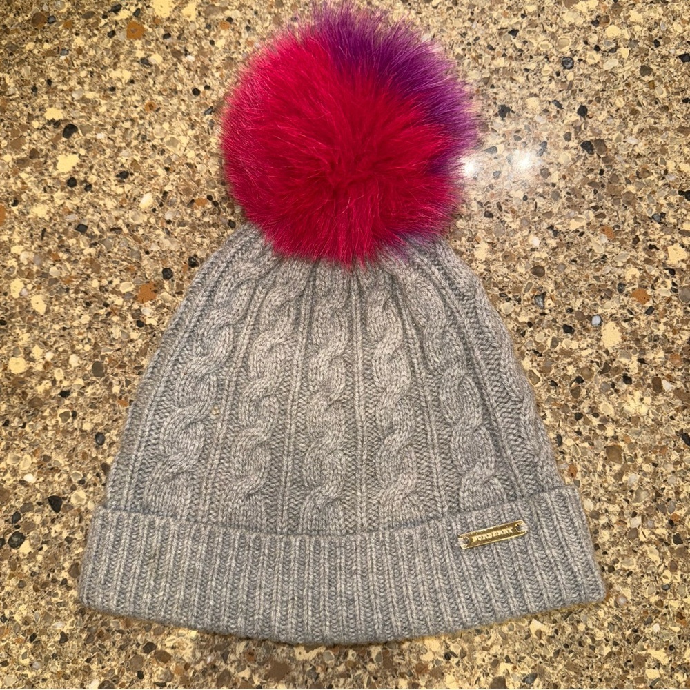 BURBERRY Fur Pom Pom Wool and Cashmere Beanie Grey Pink Purple 54-59cm - Picture 2 of 5